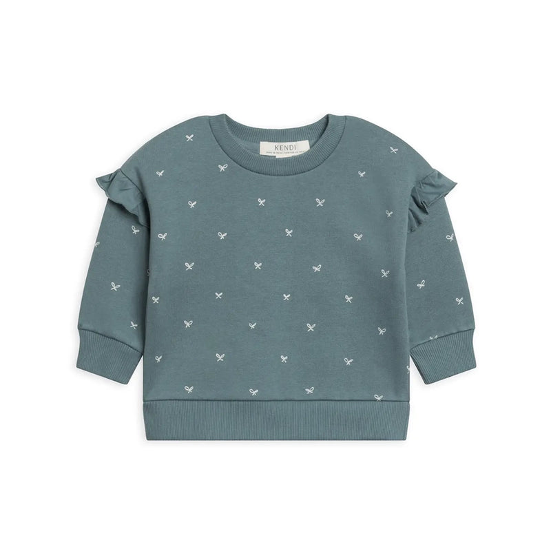 Abbey Fleece Ruffle Sleeve Pullover - Bow / Teal