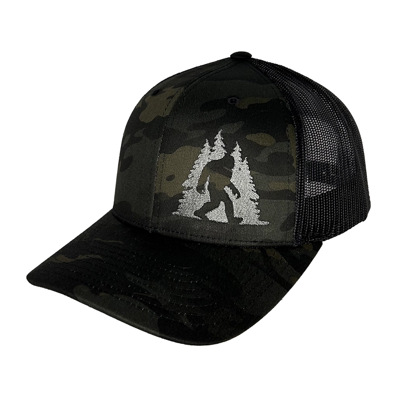 Sasquatch in Trees Curved Trucker Hat- Camo