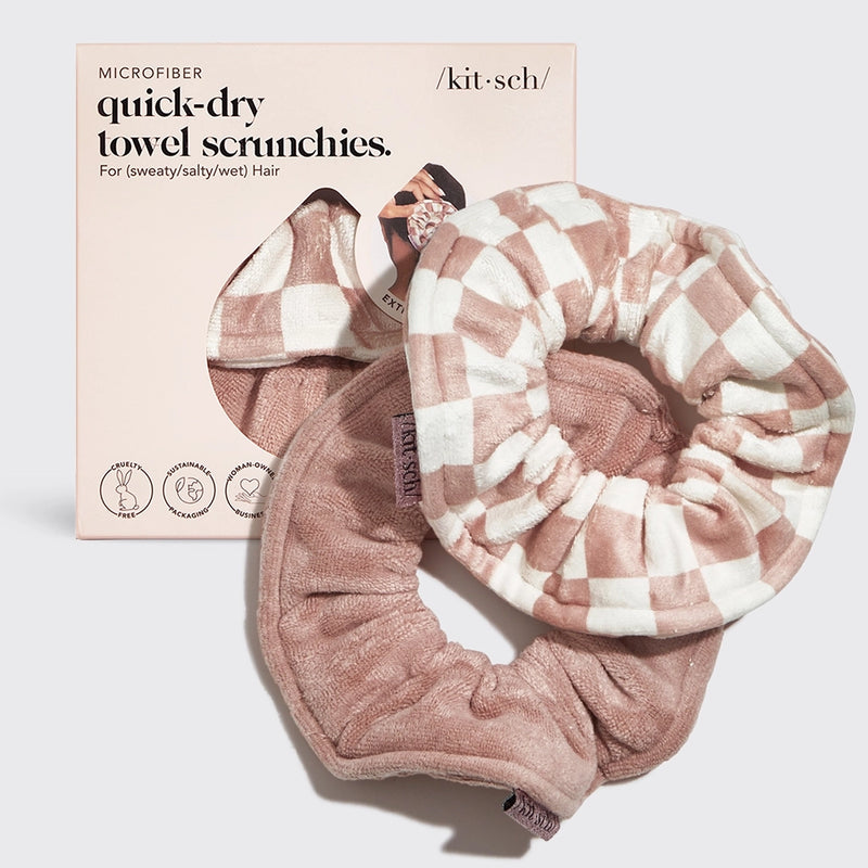 Microfiber Quick-Dry Towel Scrunchie 2pc Set- Terracotta Checker