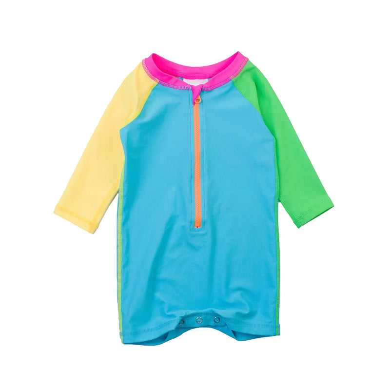 Neon Color Block Long Sleeve Rashguard Swimsuit